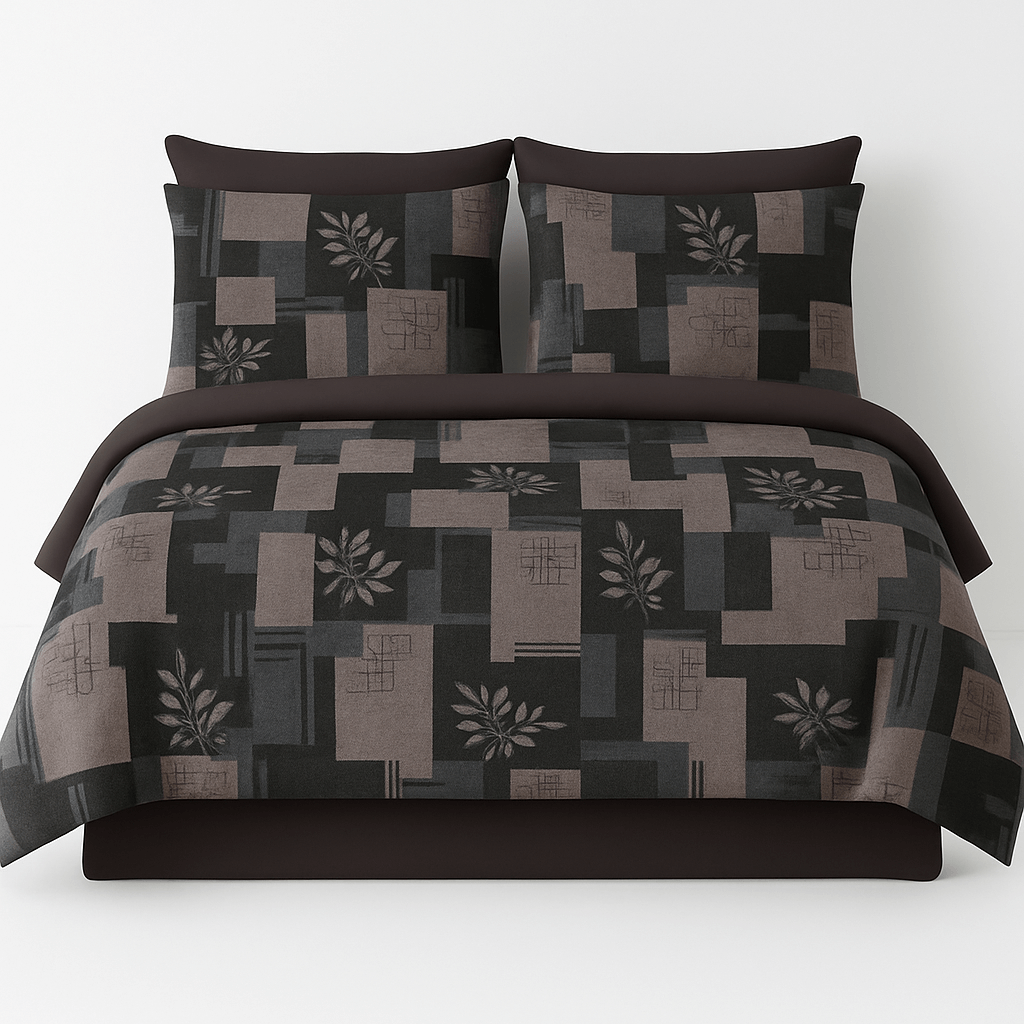 Premium Black & Grey Geometric Cotton Bedsheet Set – Modern Double Bed Sheet with Pillow Covers