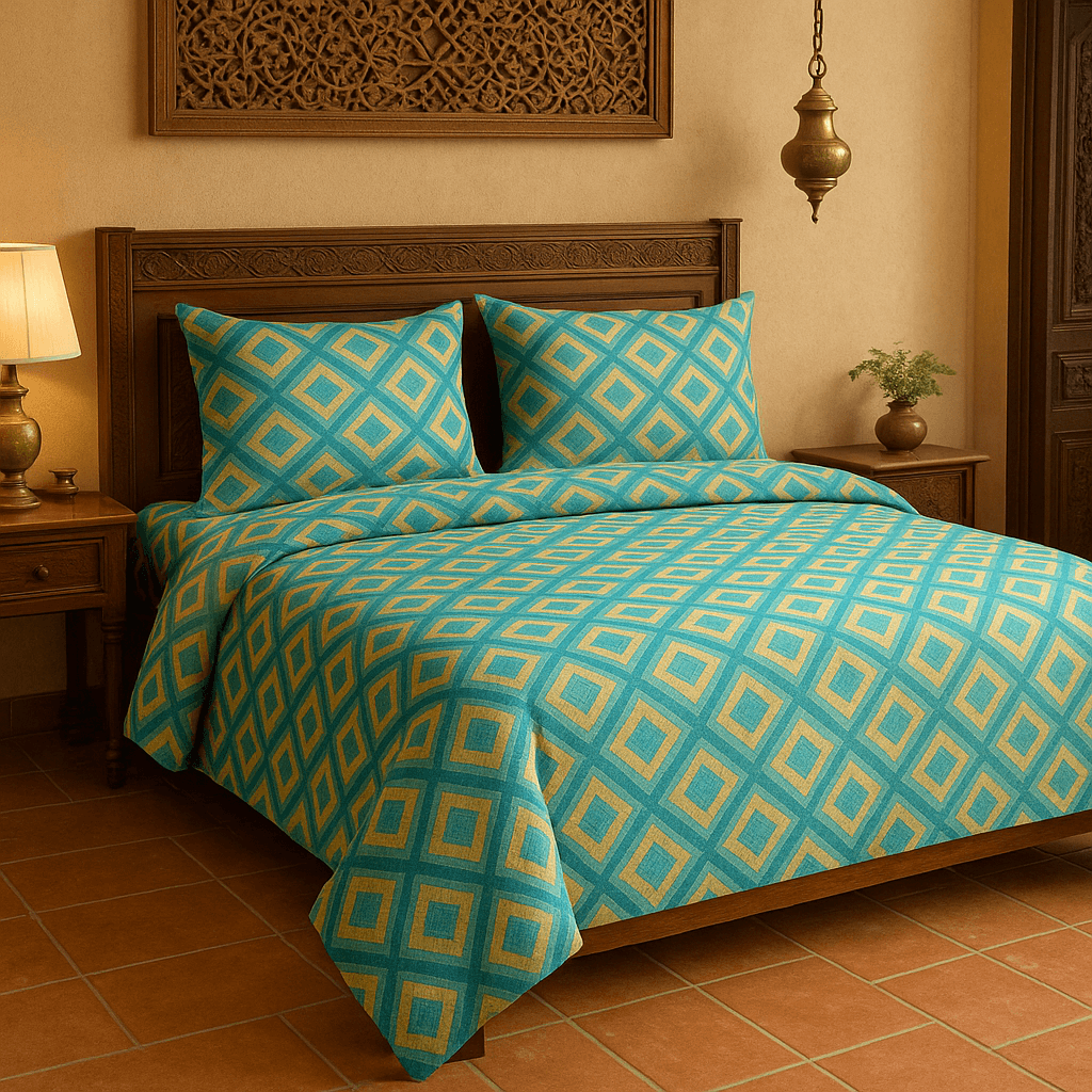 Luxury Aqua Diamond Cotton Bedsheet Set with Pillow Covers – Soft, Breathable & Modern Design
