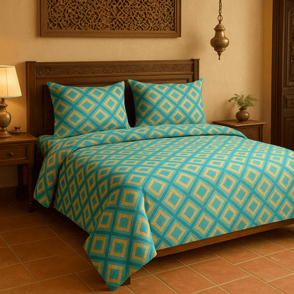 Luxury Aqua Diamond Cotton Bedsheet Set with Pillow Covers – Soft, Breathable & Modern Design