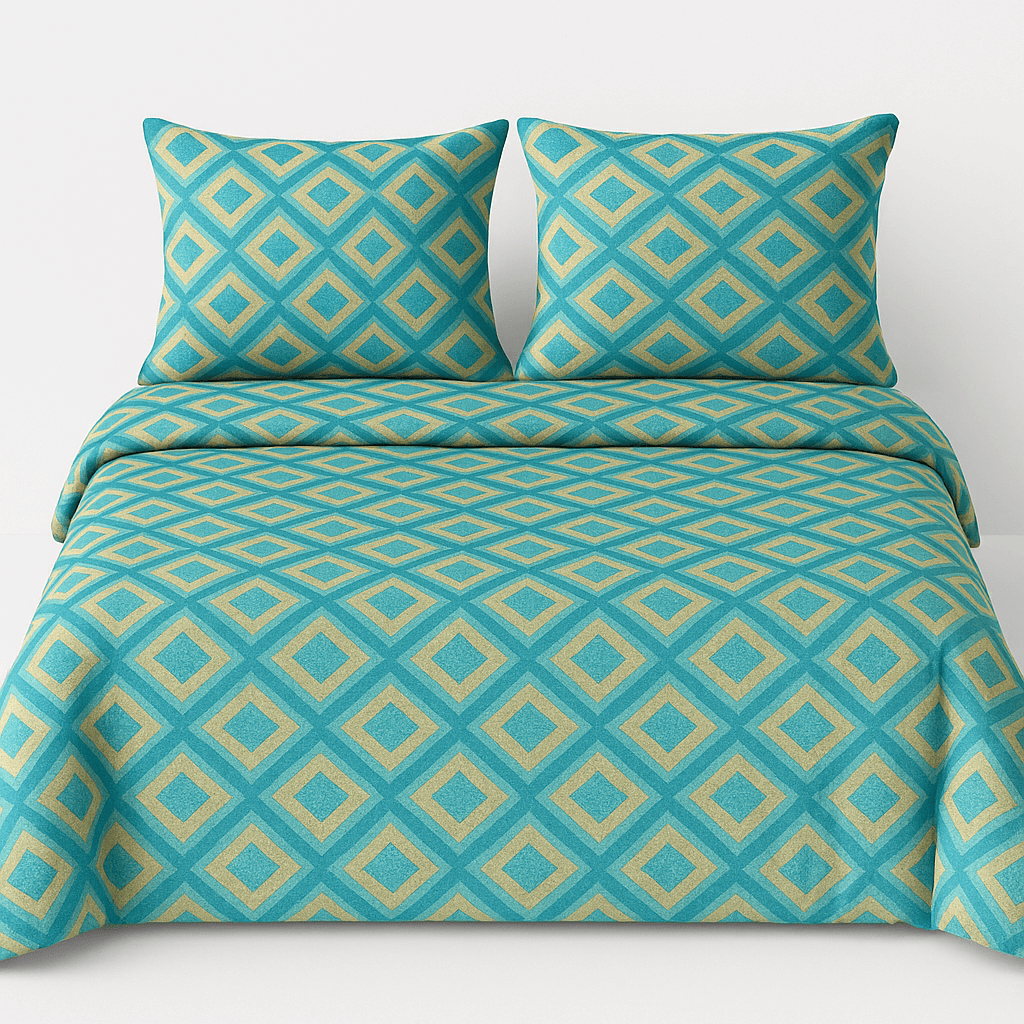 Luxury Aqua Diamond Cotton Bedsheet Set with Pillow Covers – Soft, Breathable & Modern Design
