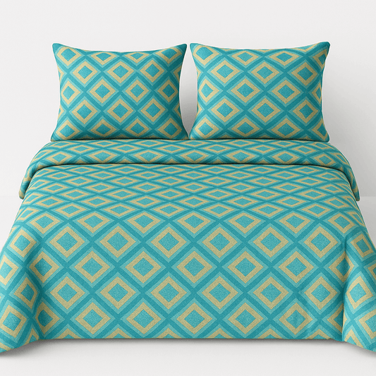 Luxury Aqua Diamond Cotton Bedsheet Set with Pillow Covers – Soft, Breathable & Modern Design