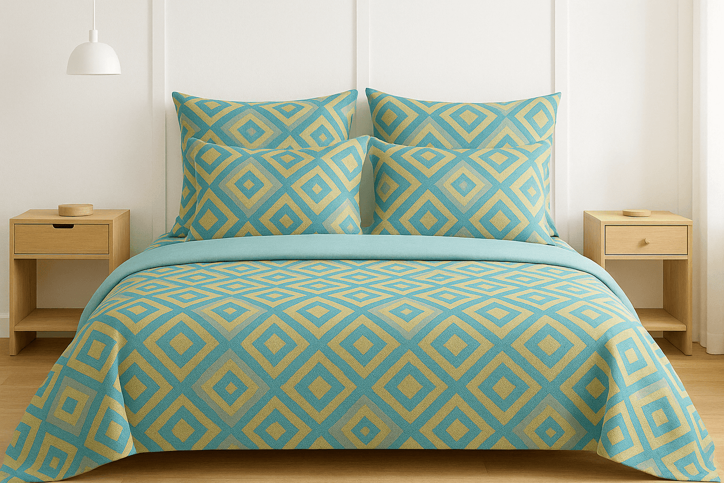Luxury Aqua Diamond Cotton Bedsheet Set with Pillow Covers – Soft, Breathable & Modern Design