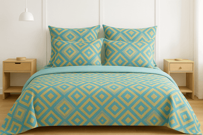 Luxury Aqua Diamond Cotton Bedsheet Set with Pillow Covers – Soft, Breathable & Modern Design