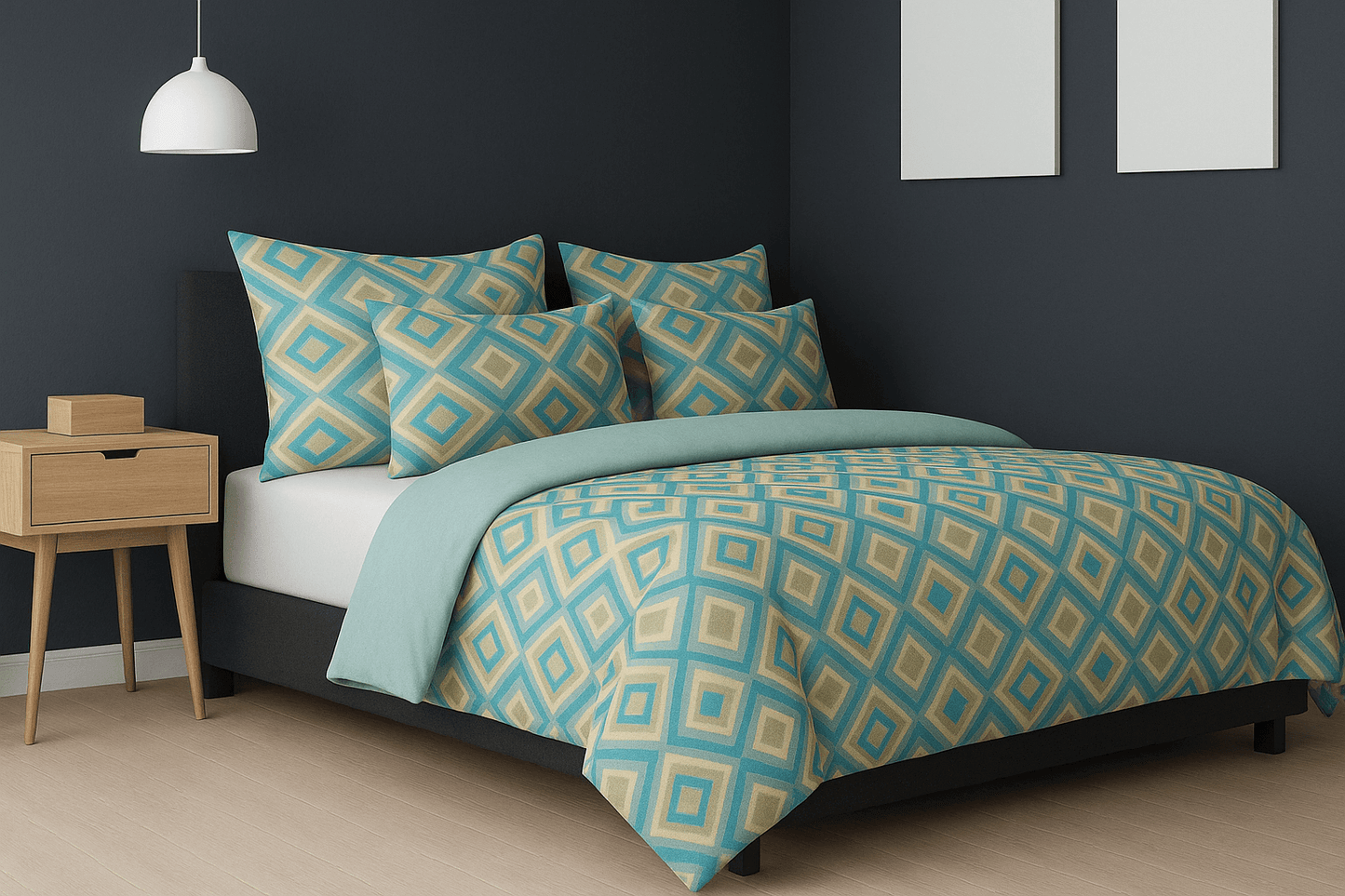 Luxury Aqua Diamond Cotton Bedsheet Set with Pillow Covers – Soft, Breathable & Modern Design