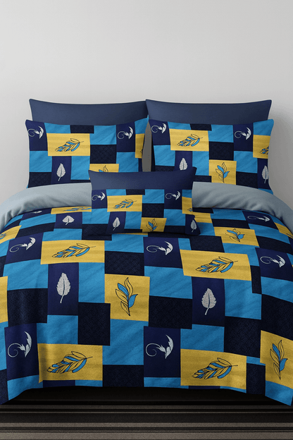 Premium Cotton Double Bedsheet with Pillow Covers – Blue & Yellow Feather Print | Soft, Breathable & Fade-Resistant Fabric