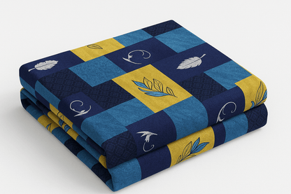 Premium Cotton Double Bedsheet with Pillow Covers – Blue & Yellow Feather Print | Soft, Breathable & Fade-Resistant Fabric