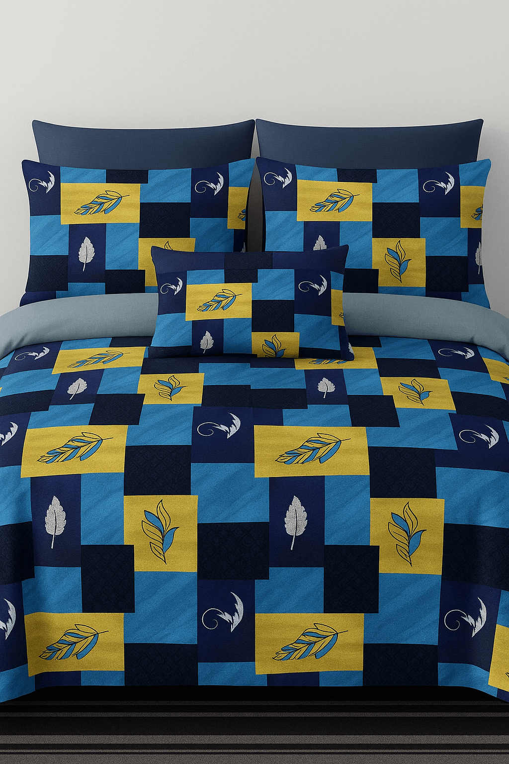 Premium Cotton Double Bedsheet with Pillow Covers – Blue & Yellow Feather Print | Soft, Breathable & Fade-Resistant Fabric