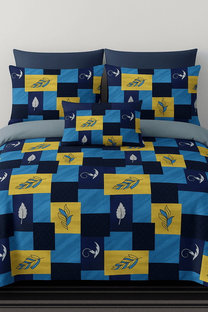 Premium Cotton Double Bedsheet with Pillow Covers – Blue & Yellow Feather Print | Soft, Breathable & Fade-Resistant Fabric