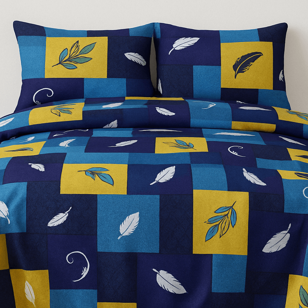 Premium Cotton Double Bedsheet with Pillow Covers – Blue & Yellow Feather Print | Soft, Breathable & Fade-Resistant Fabric