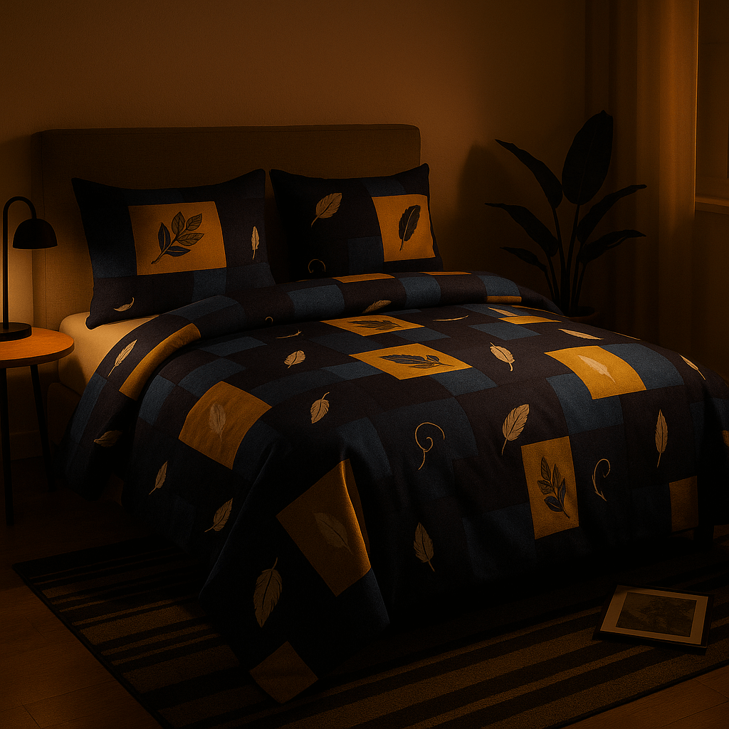 Premium Cotton Double Bedsheet with Pillow Covers – Blue & Yellow Feather Print | Soft, Breathable & Fade-Resistant Fabric