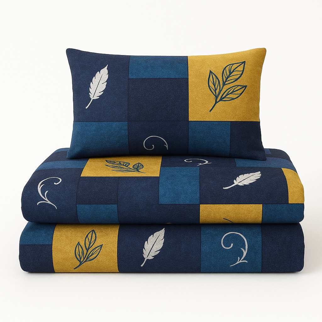 Premium Cotton Double Bedsheet with Pillow Covers – Blue & Yellow Feather Print | Soft, Breathable & Fade-Resistant Fabric