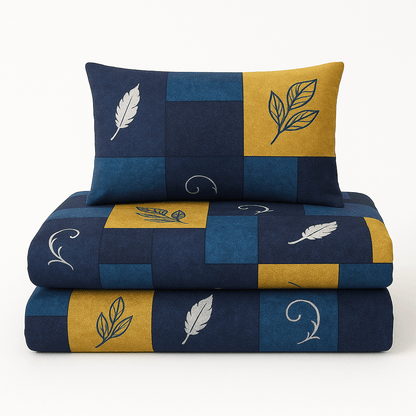 Premium Cotton Double Bedsheet with Pillow Covers – Blue & Yellow Feather Print | Soft, Breathable & Fade-Resistant Fabric