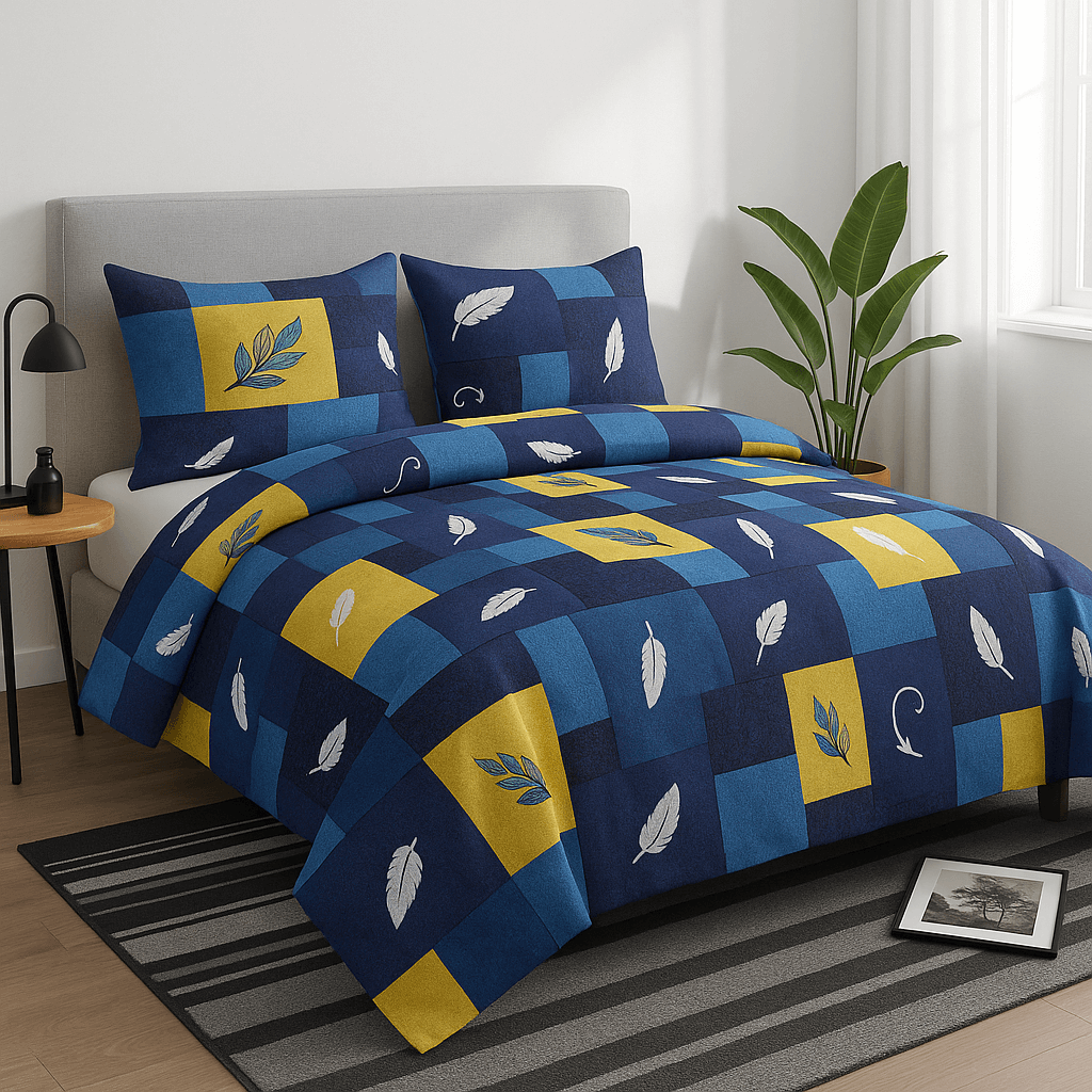 Premium Cotton Double Bedsheet with Pillow Covers – Blue & Yellow Feather Print | Soft, Breathable & Fade-Resistant Fabric