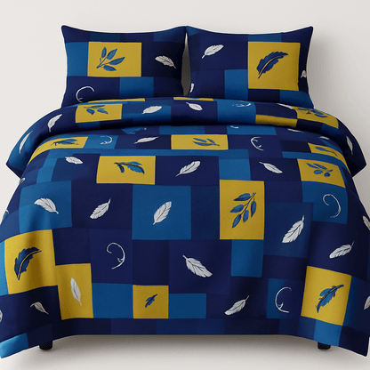 Premium Cotton Double Bedsheet with Pillow Covers – Blue & Yellow Feather Print | Soft, Breathable & Fade-Resistant Fabric