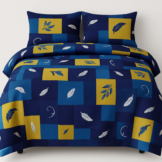 Premium Cotton Double Bedsheet with Pillow Covers – Blue & Yellow Feather Print | Soft, Breathable & Fade-Resistant Fabric