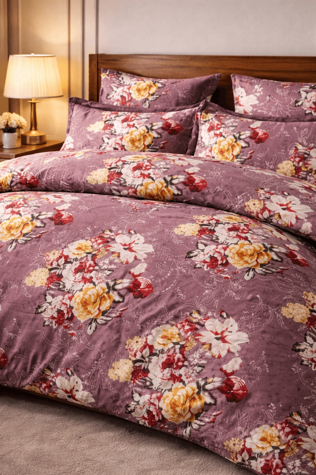 Elegant Purple Floral Bedsheet Set – Soft Cotton Feel with Luxury Pillow Covers