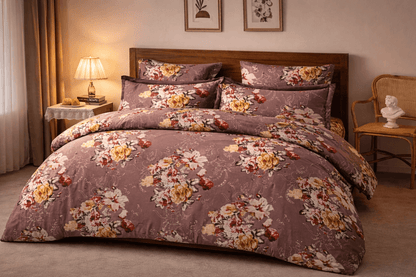 Elegant Purple Floral Bedsheet Set – Soft Cotton Feel with Luxury Pillow Covers