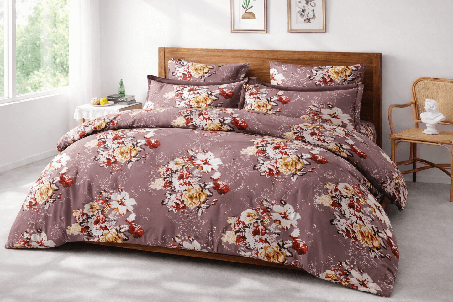 Elegant Purple Floral Bedsheet Set – Soft Cotton Feel with Luxury Pillow Covers