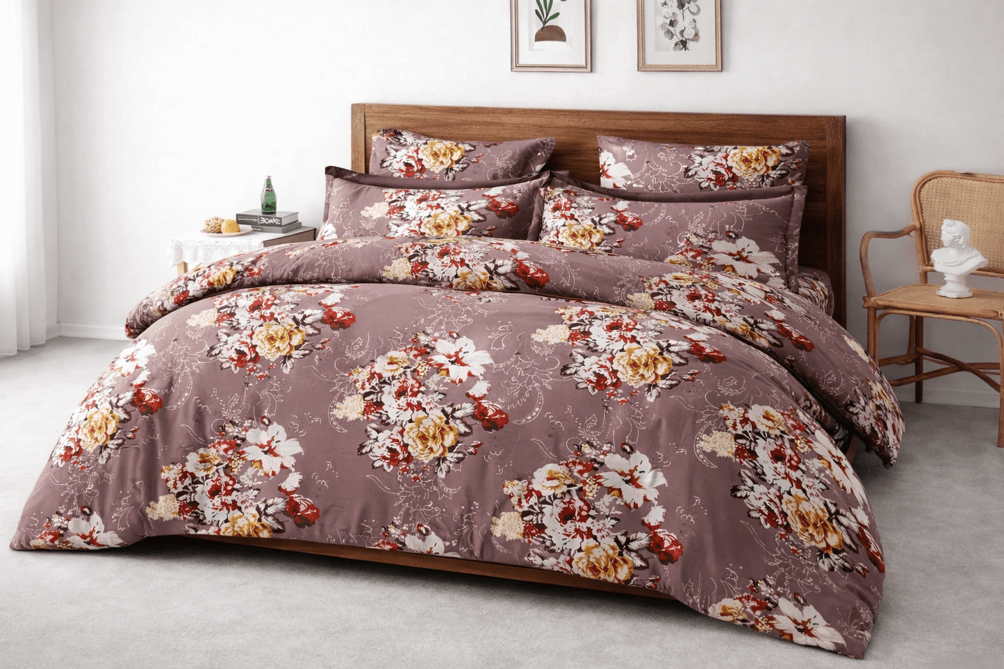 Elegant Purple Floral Bedsheet Set – Soft Cotton Feel with Luxury Pillow Covers