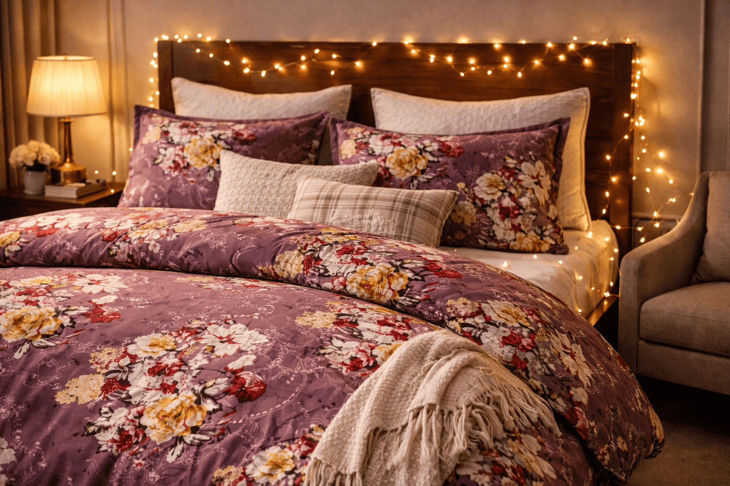 Elegant Purple Floral Bedsheet Set – Soft Cotton Feel with Luxury Pillow Covers