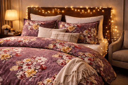 Elegant Purple Floral Bedsheet Set – Soft Cotton Feel with Luxury Pillow Covers