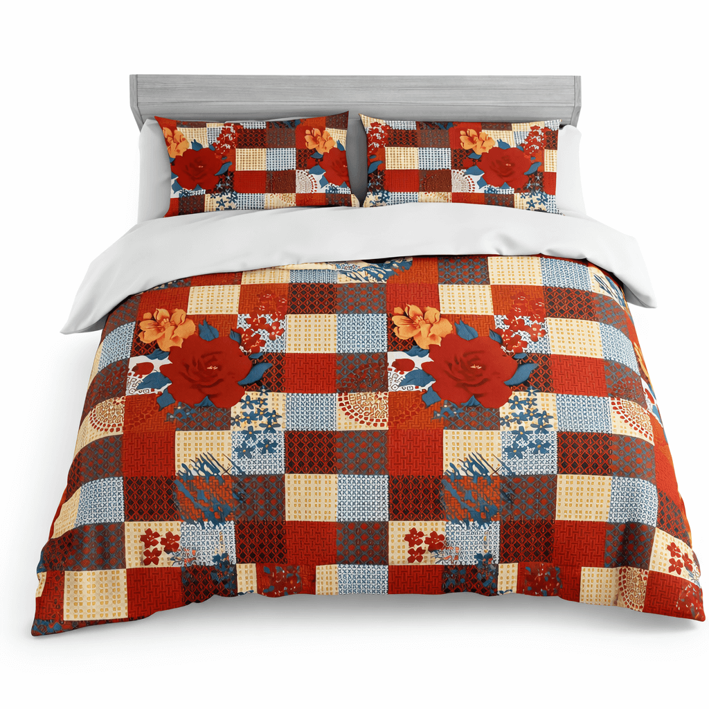Bedzzy Premium Red Floral Patchwork Double Bedsheet with 2 Pillow Covers