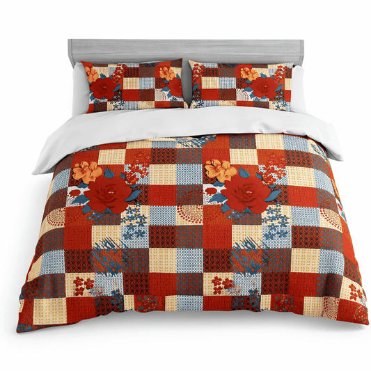 Bedzzy Premium Red Floral Patchwork Double Bedsheet with 2 Pillow Covers