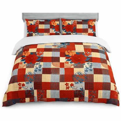 Bedzzy Premium Red Floral Patchwork Double Bedsheet with 2 Pillow Covers