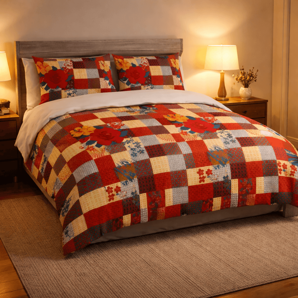 Bedzzy Premium Red Floral Patchwork Double Bedsheet with 2 Pillow Covers