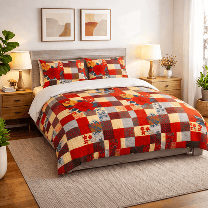 Bedzzy Premium Red Floral Patchwork Double Bedsheet with 2 Pillow Covers