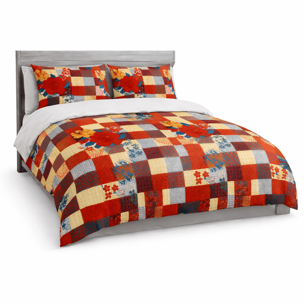 Bedzzy Premium Red Floral Patchwork Double Bedsheet with 2 Pillow Covers