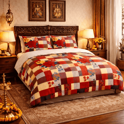 Bedzzy Premium Red Floral Patchwork Double Bedsheet with 2 Pillow Covers