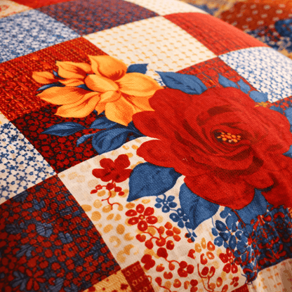 Bedzzy Premium Red Floral Patchwork Double Bedsheet with 2 Pillow Covers