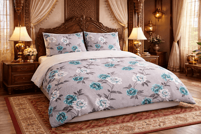 Bedzzy Premium Teal Floral Double Bedsheet Set with 2 Pillow Covers – Soft & Elegant Grey Base