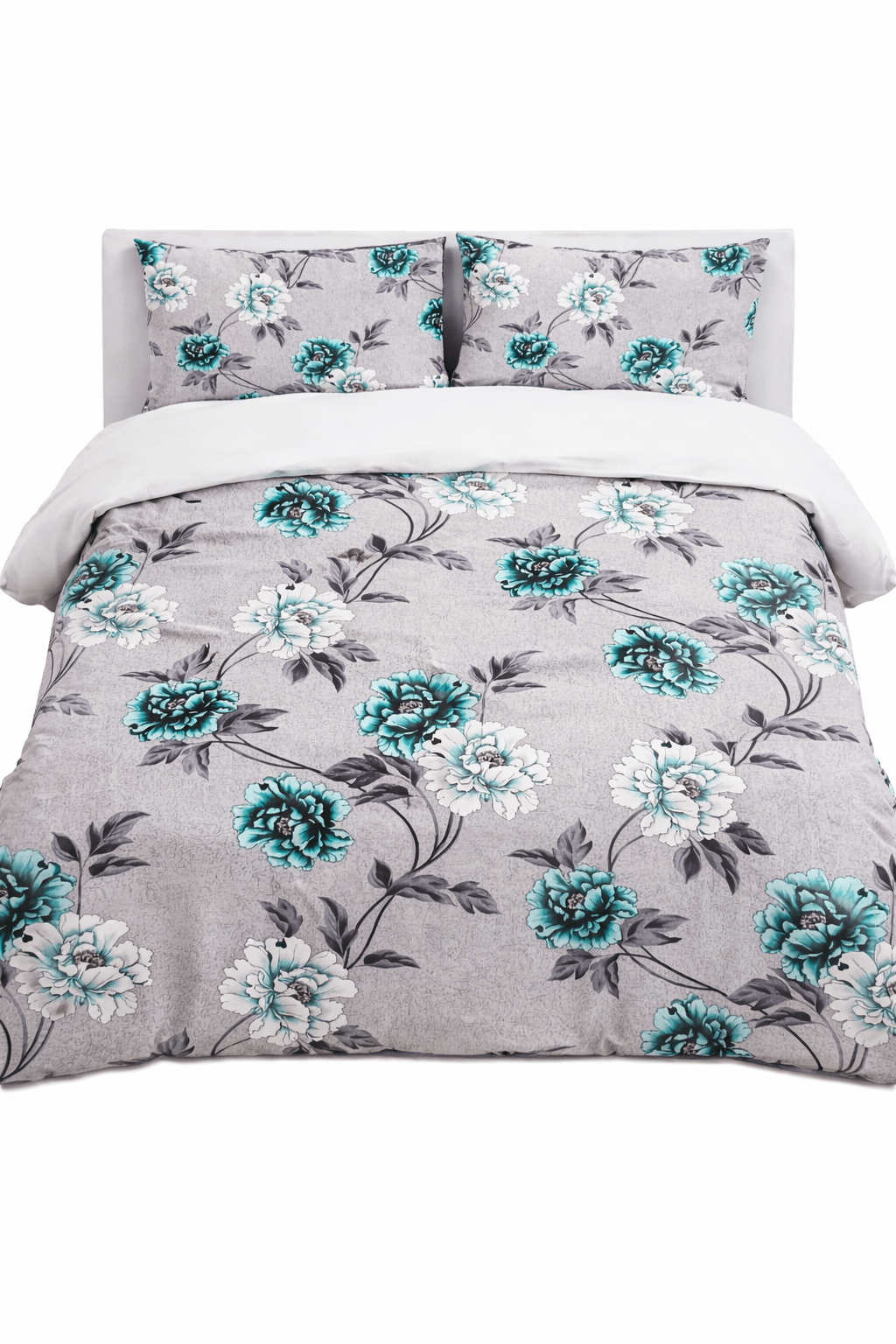 Bedzzy Premium Teal Floral Double Bedsheet Set with 2 Pillow Covers – Soft & Elegant Grey Base