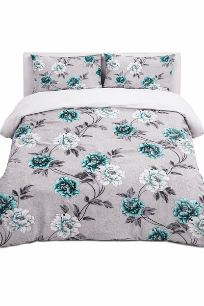 Bedzzy Premium Teal Floral Double Bedsheet Set with 2 Pillow Covers – Soft & Elegant Grey Base