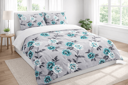 Bedzzy Premium Teal Floral Double Bedsheet Set with 2 Pillow Covers – Soft & Elegant Grey Base