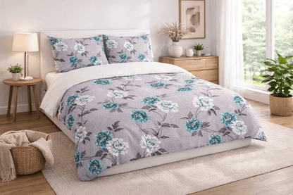 Bedzzy Premium Teal Floral Double Bedsheet Set with 2 Pillow Covers – Soft & Elegant Grey Base