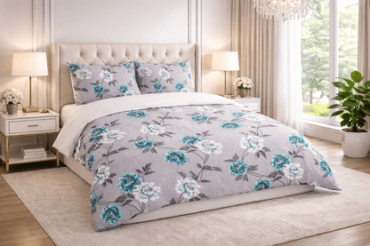 Bedzzy Premium Teal Floral Double Bedsheet Set with 2 Pillow Covers – Soft & Elegant Grey Base
