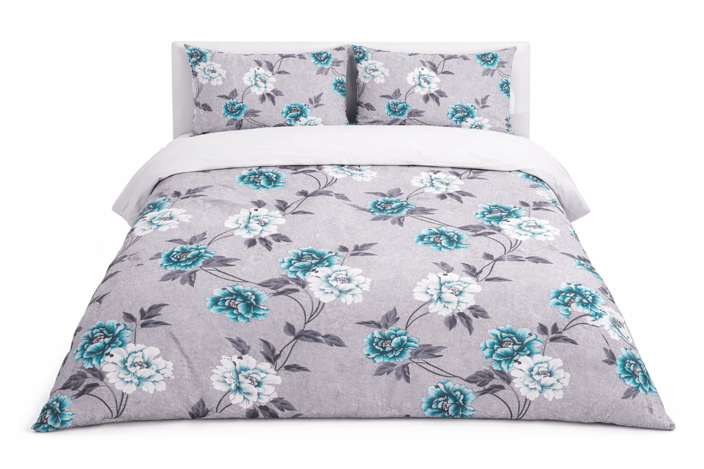 Bedzzy Premium Teal Floral Double Bedsheet Set with 2 Pillow Covers – Soft & Elegant Grey Base