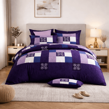 Bedzzy Royal Purple Patchwork Double Bedsheet Set with 2 Pillow Covers – Premium Soft & Elegant Finish