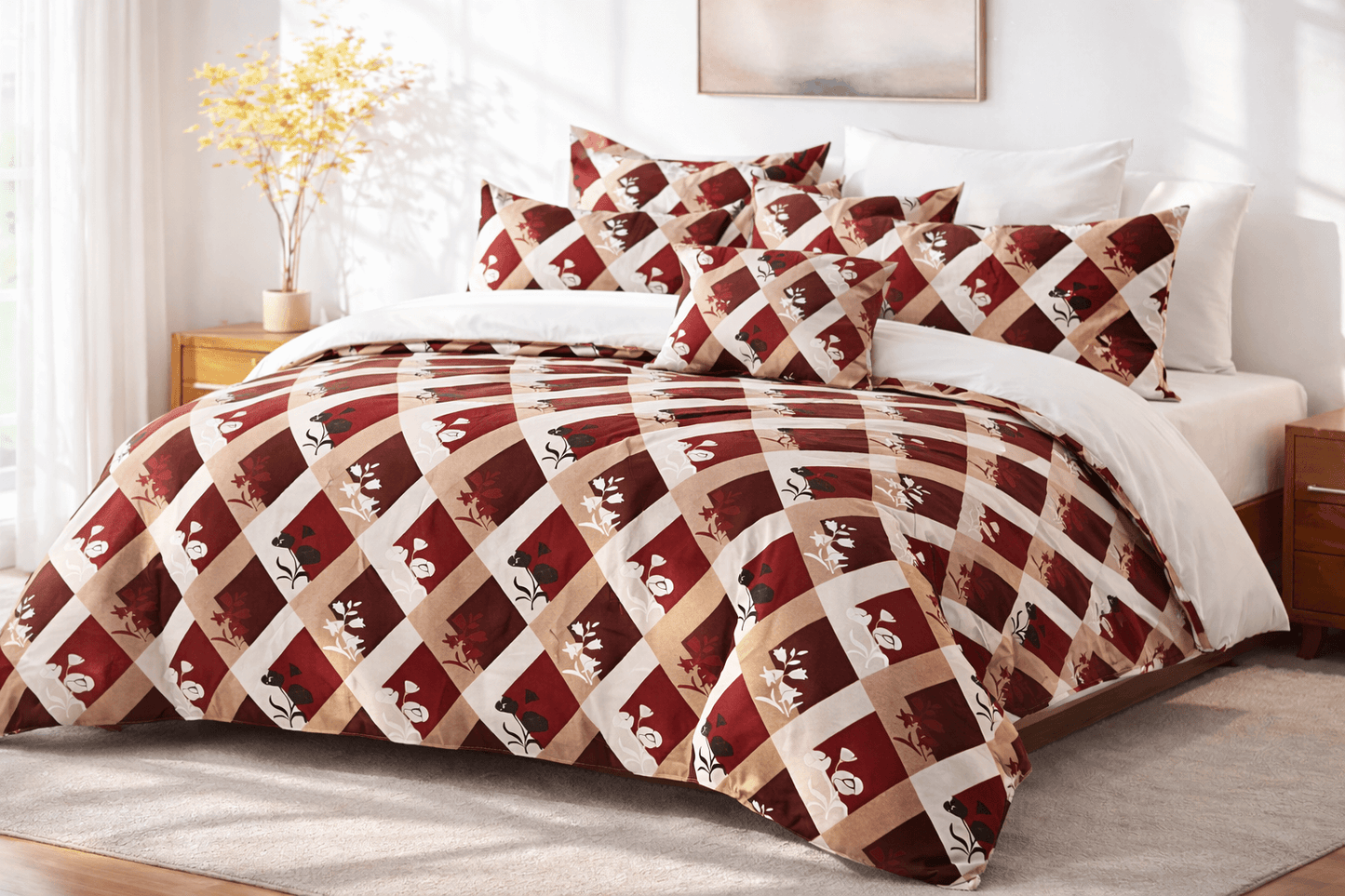 Bedzzy Luxury Maroon Diamond Check Double Bedsheet Set with 2 Pillow Covers – Elegant Floral Design