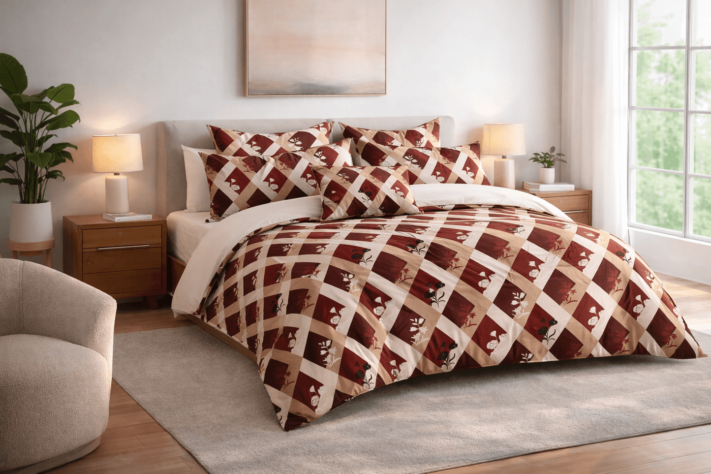 Bedzzy Luxury Maroon Diamond Check Double Bedsheet Set with 2 Pillow Covers – Elegant Floral Design