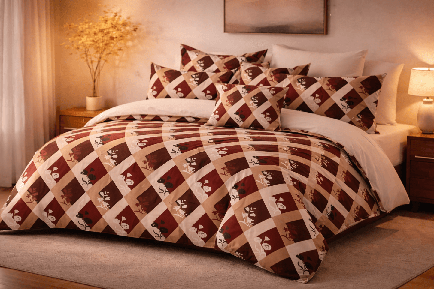 Bedzzy Luxury Maroon Diamond Check Double Bedsheet Set with 2 Pillow Covers – Elegant Floral Design