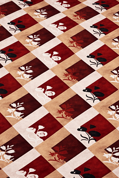 Bedzzy Luxury Maroon Diamond Check Double Bedsheet Set with 2 Pillow Covers – Elegant Floral Design