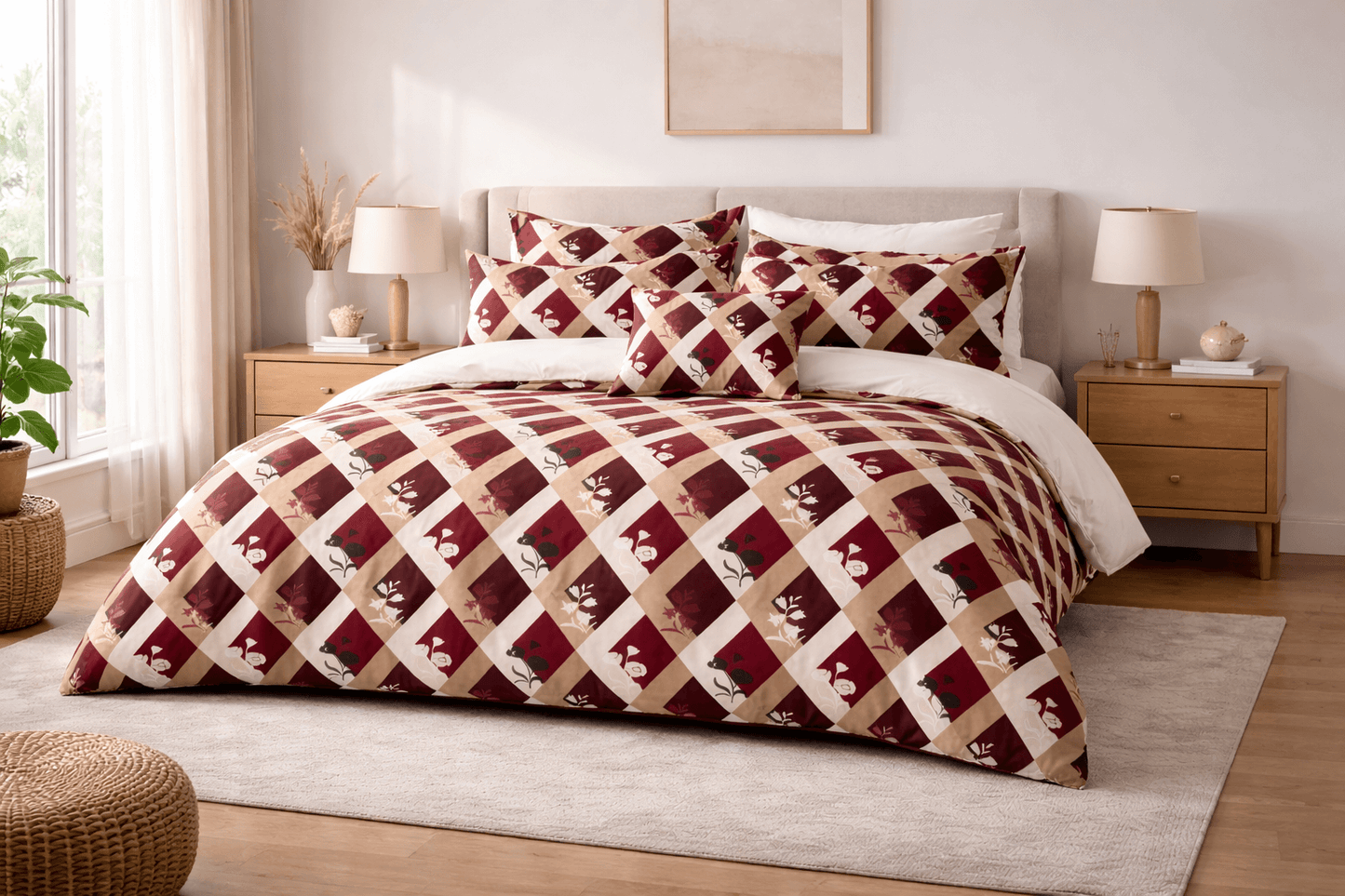 Bedzzy Luxury Maroon Diamond Check Double Bedsheet Set with 2 Pillow Covers – Elegant Floral Design