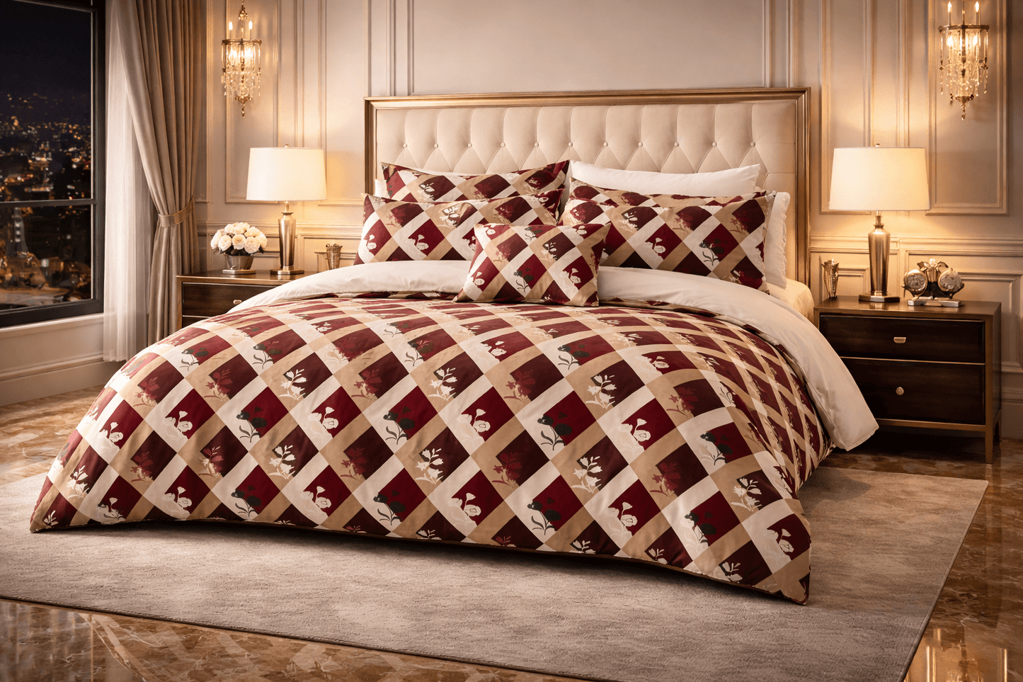Bedzzy Luxury Maroon Diamond Check Double Bedsheet Set with 2 Pillow Covers – Elegant Floral Design