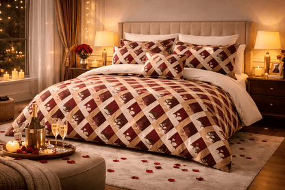 Bedzzy Luxury Maroon Diamond Check Double Bedsheet Set with 2 Pillow Covers – Elegant Floral Design