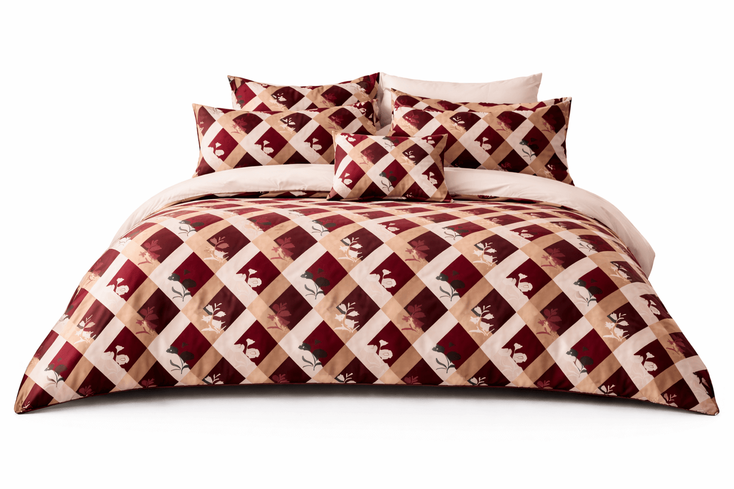 Bedzzy Luxury Maroon Diamond Check Double Bedsheet Set with 2 Pillow Covers – Elegant Floral Design