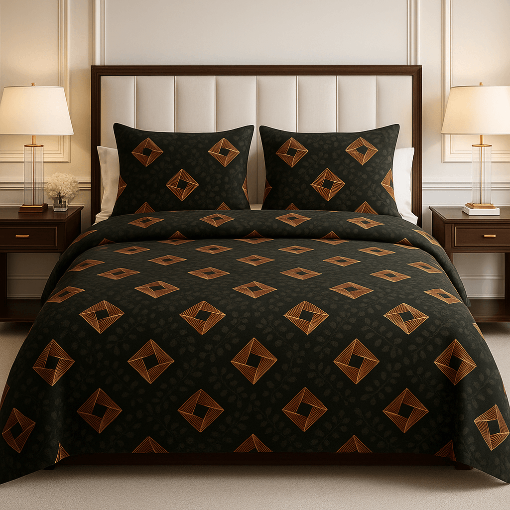 Bedzzy Premium Black & Gold Geometric Printed Double Bedsheet with 2 Pillow Covers | Luxury Soft Microfiber Bedding Set